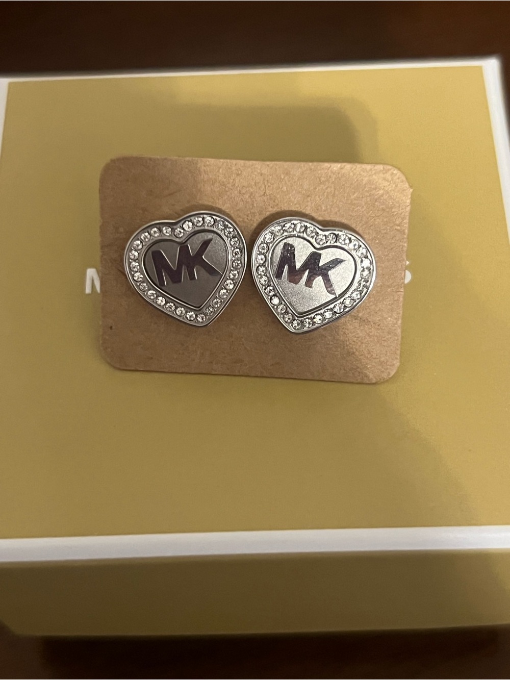 Michael Kors Silver Heart MK Crystal Stud Earrings - Rhinestone Border NWOT